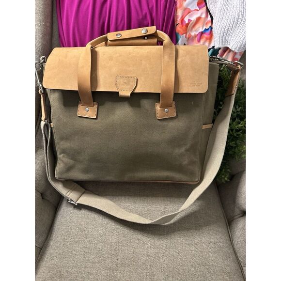 JACK SPADE Olive‎ Canvas Caramel Leather Messenger Commuter Laptop Briefcase Bag